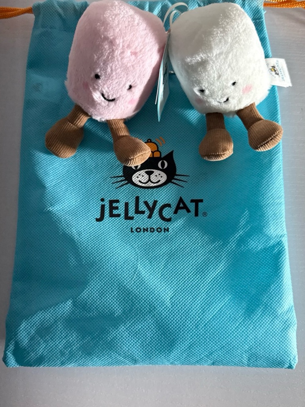 Jellycat Pink and Cream Plush Cat Pair with Brown Corduroy Legs